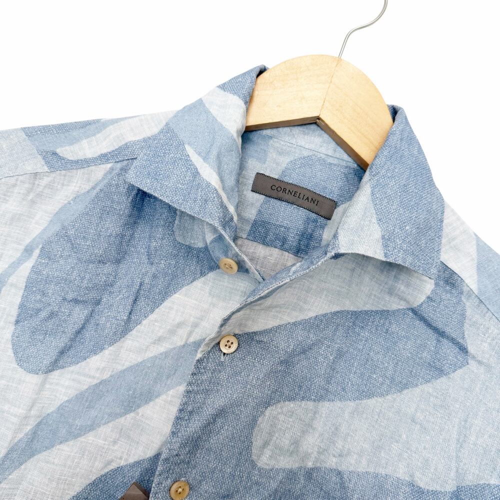 Corneliani Blue Printed Cotton 100% Linen Short Sleeve Button Down Sz 15.5